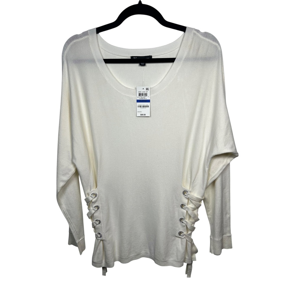 NEW INC Side Lace Up Sweater Washed White Long Sleeve Knit Grommet Detail XL